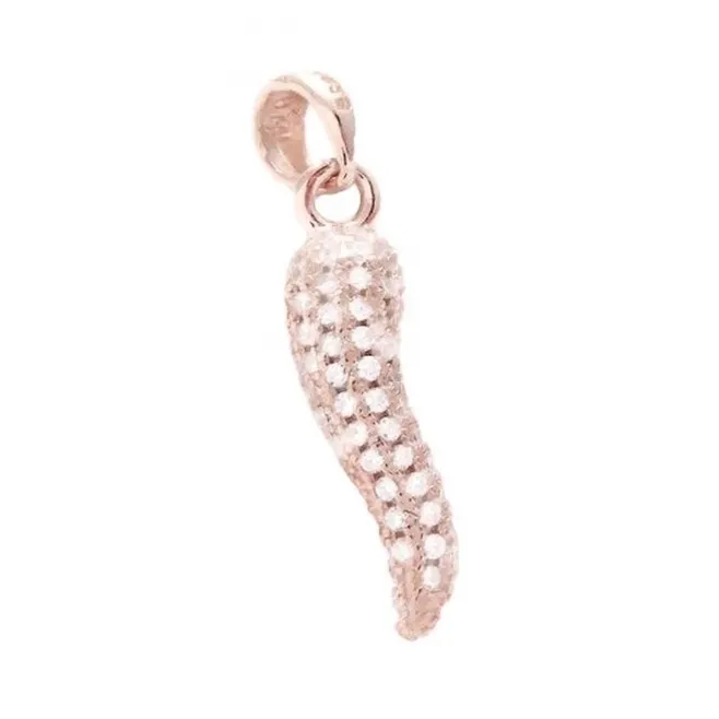 Charms cornetto di 18x5 mm in argento 925  placcato oro rosa pavè di zirconi bianchi - 1 pz.