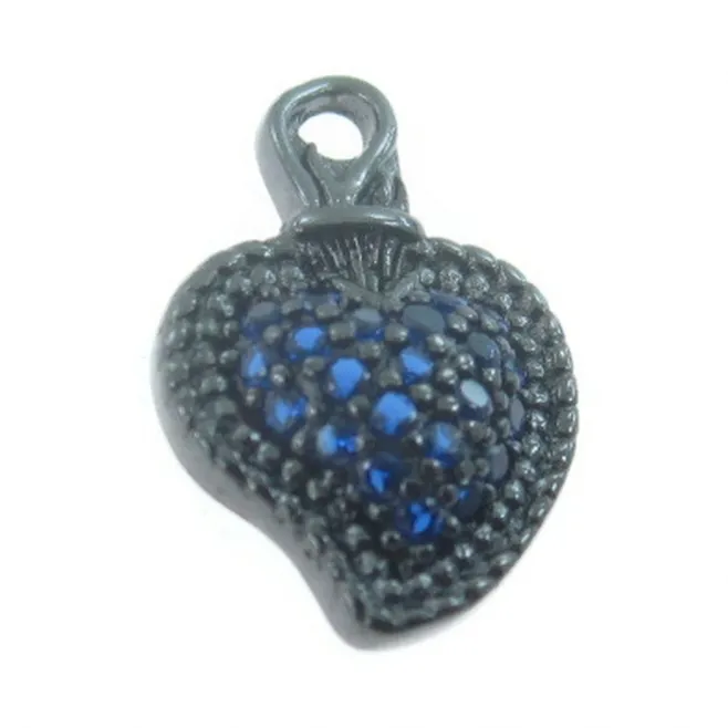 Charms sacro cuore di 13x8,5 mm in argento 925 rodiato nero pavè di zirconi blu - 1 pz.