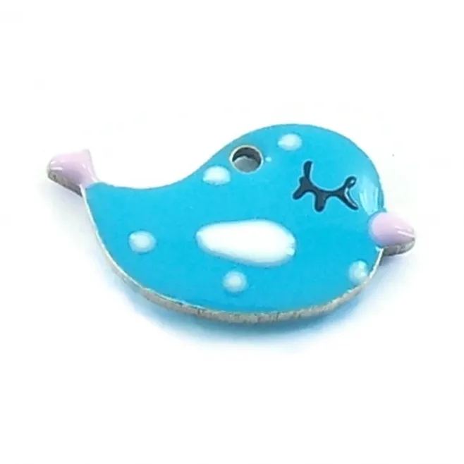 Charms smaltati azzurro litle bird di 13,5x8 mm in argento 925 placcato oro rosa - 1 pz.