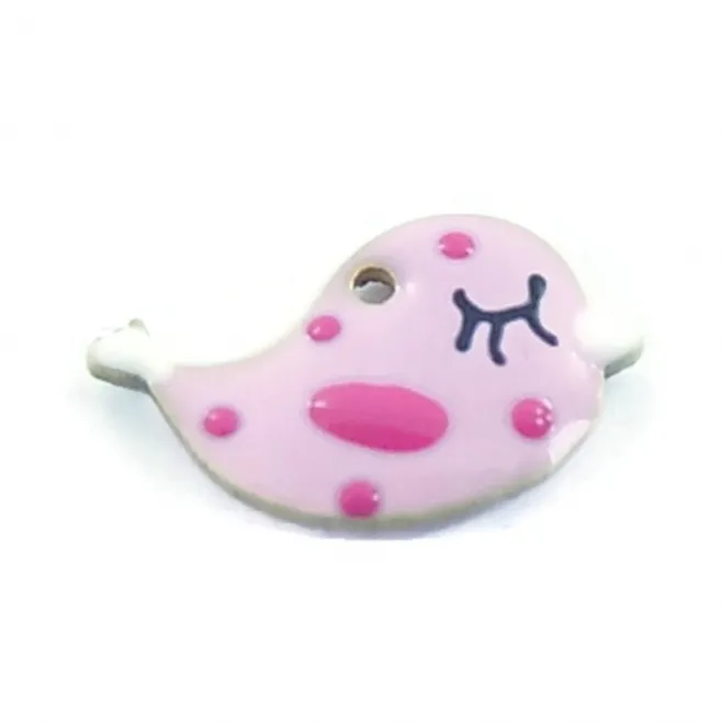 Charms smaltati rosa litle bird di 13,5x8 mm in argento 925 rodiato - 1 pz.