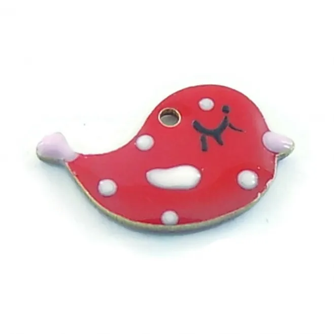 Charms smaltati rosso litle bird di 13,5x8 mm in argento 925 placcato oro rosa - 1 pz.