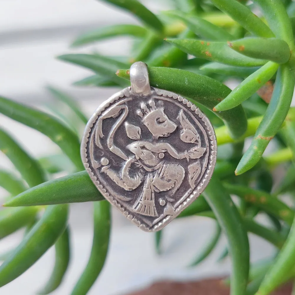 Antique Silver Pendant with Hanuman Deity - GOA