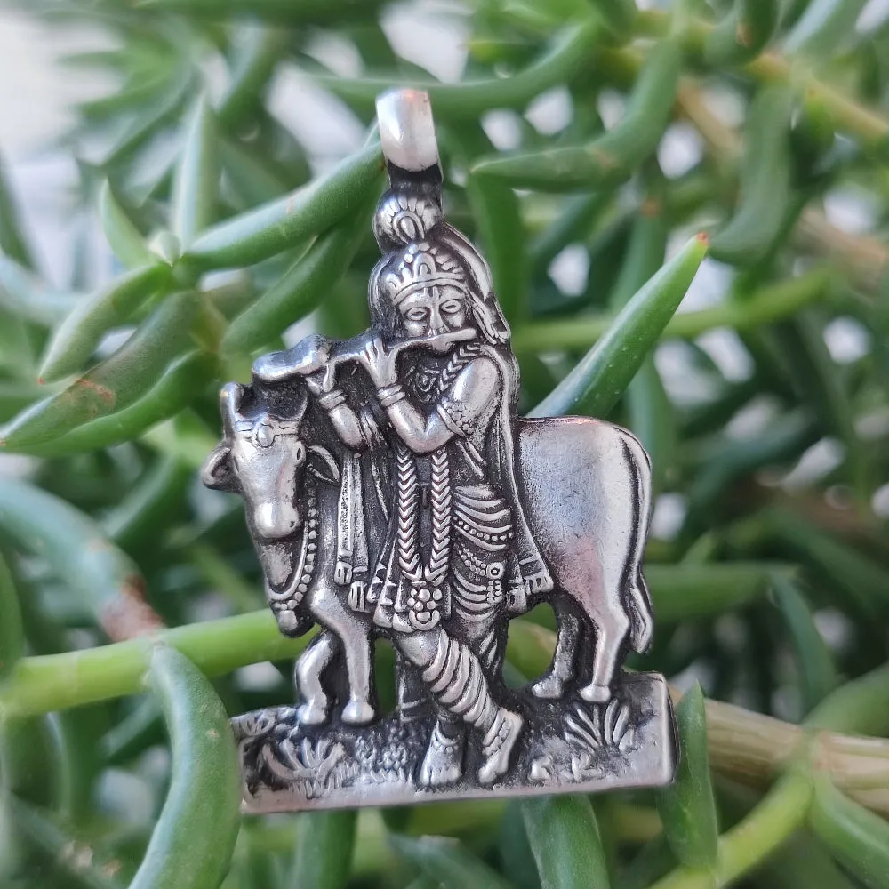 Antique Silver Deity Pendant - KRISHNA