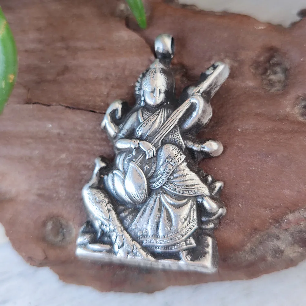 Antique Silver Pendant with Saraswati Deity - UMATAN