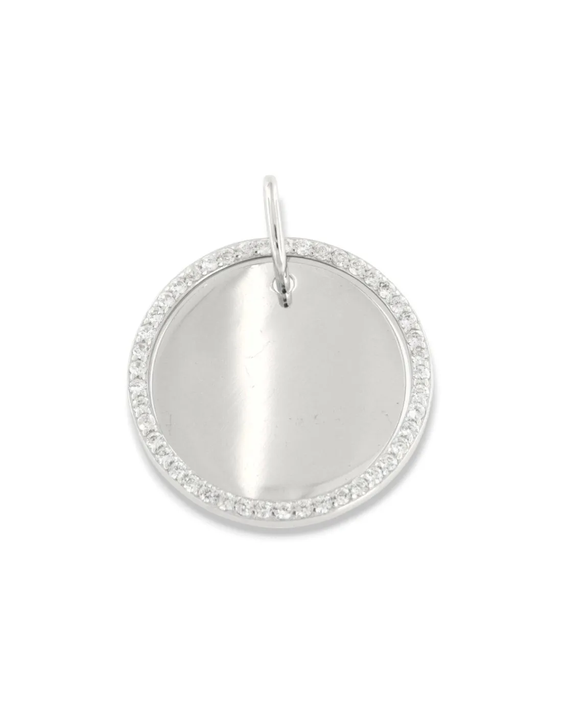 Ciondolo Argento Rodiato Piastra Tonda Bordi Zirconi Bianchi