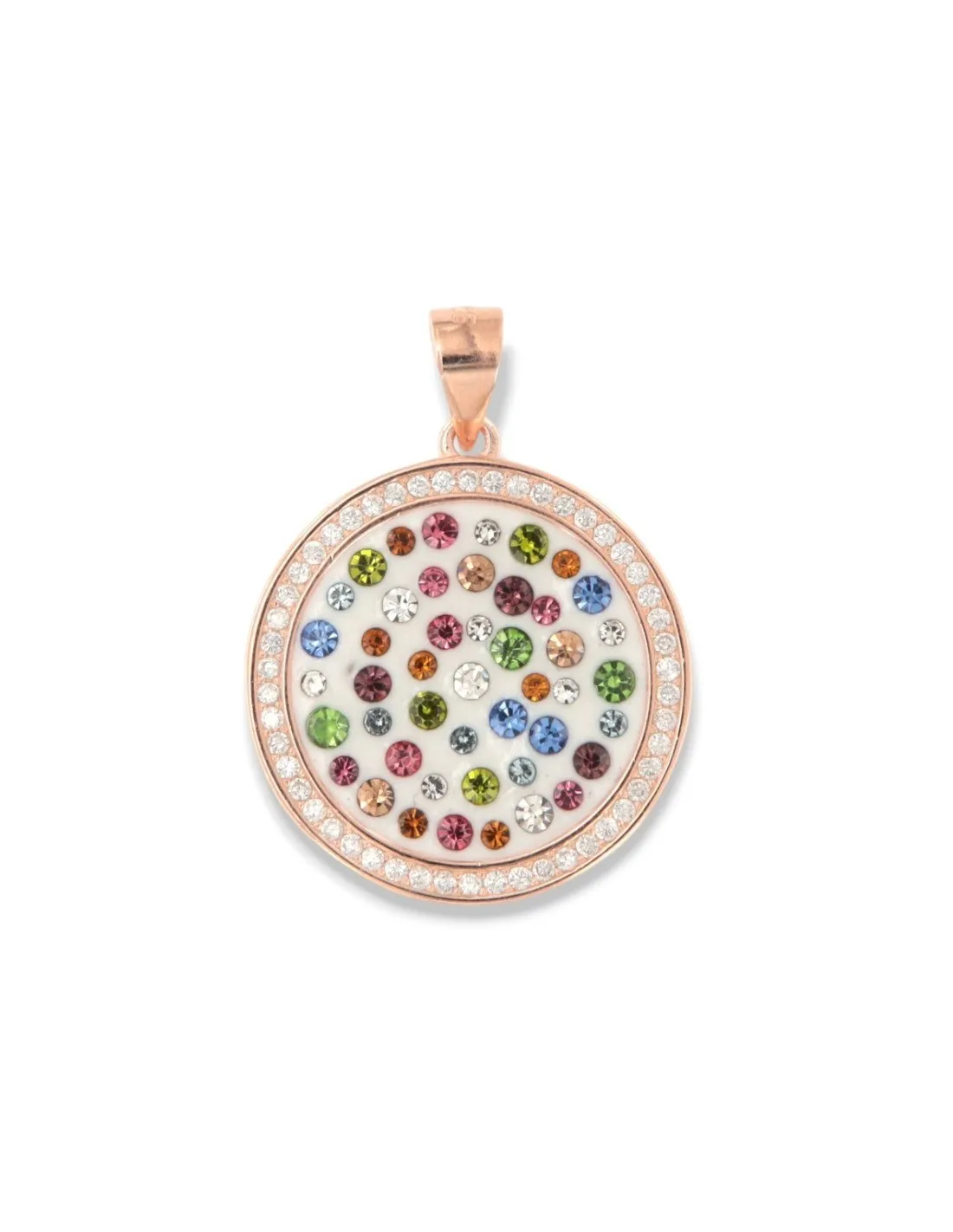 Ciondolo Argento Rosato Piastra Tonda Zirconi Colorati