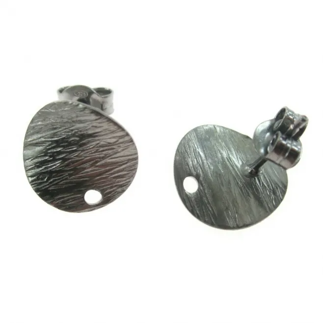 1 Paio Di Basi Per Orecchini Tondino 12 Mm zigrinato e ondulato Argento 925 brunito