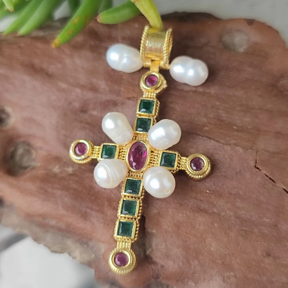 925 Silver Gold Cross Pendant with Stone - LULUNG