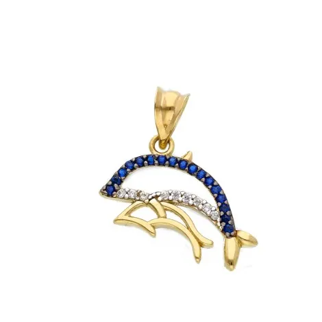 Ciondolo Doppi Delfini Oro Giallo 9Kt Zirconi Blu e Bianchi