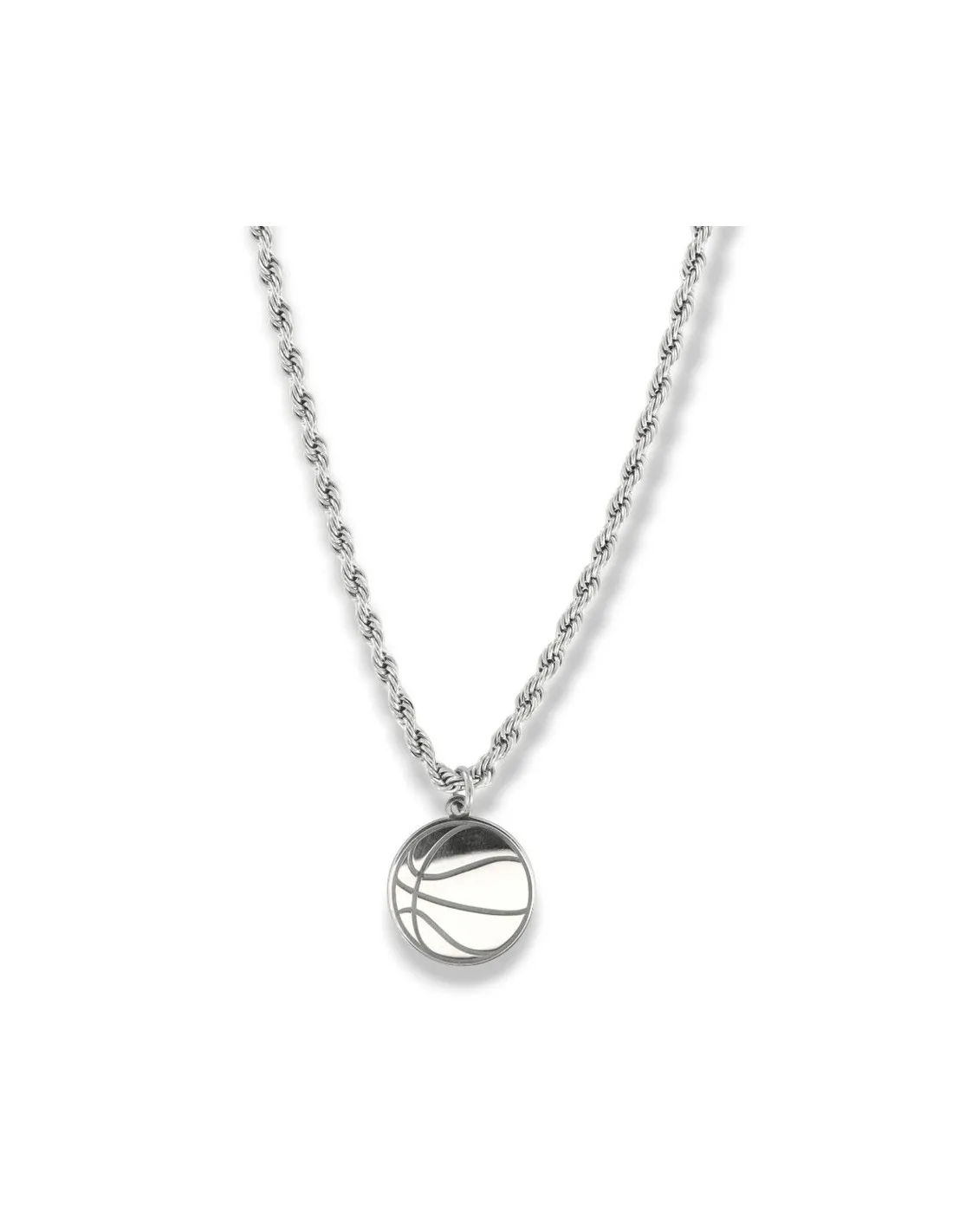 Collana Acciaio Maglia Rope Ciondolo Argento Rodiato Palla Basket