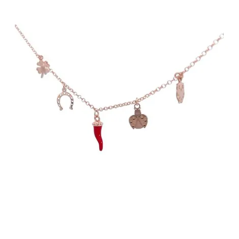 Collana Argento Rosato con Corno Rosso e 4 soggetti