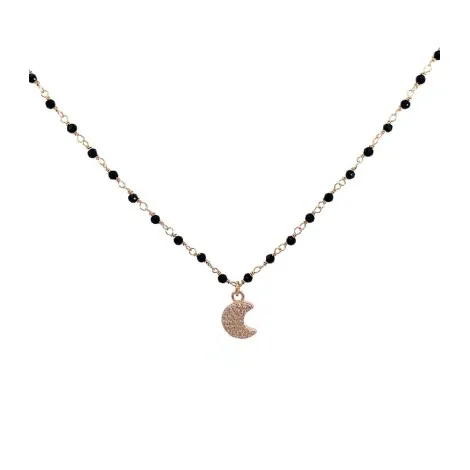 Collana Argento Rosato e perle Nere con Luna pavè