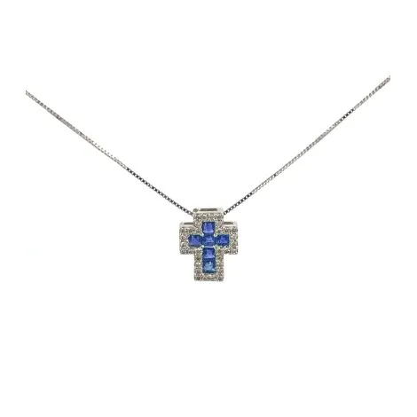 Collana Croce Oro Bianco 18kt  Zaffiri 0,34ct Diamanti 0,12ct