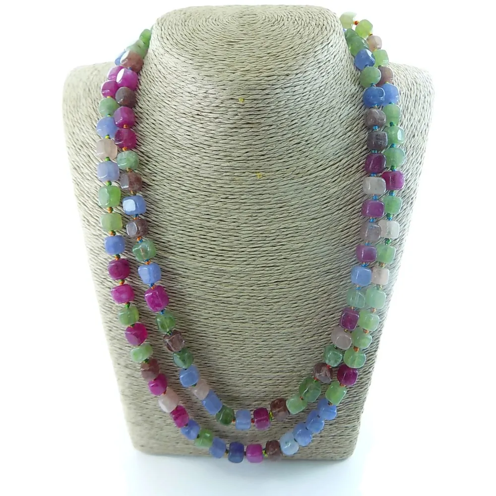 collana annodata pietre varie mix color quadratini burattati  lunga chiusa 58 cm