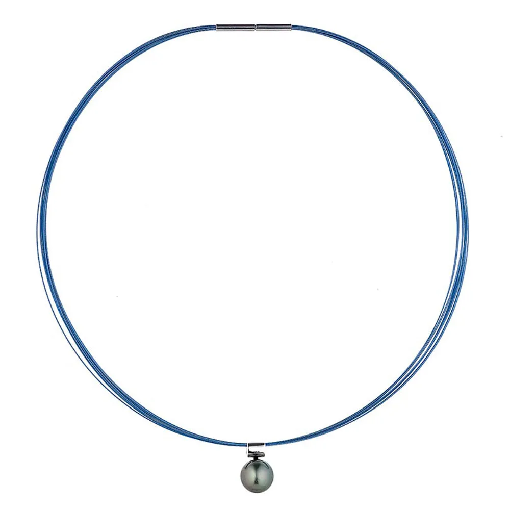 Collana in Acciaio blu con perla rotonda di Tahiti – Chiusura a baione
