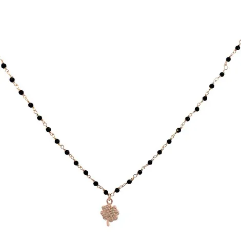Collana Argento Rosato e perle Nere con Quadrifoglio pavè