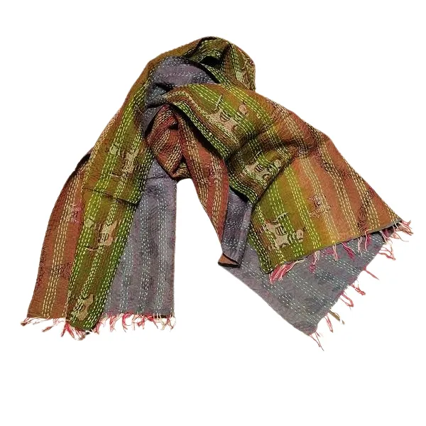 Sciarpa KANTHA con tessuti vintage misto seta ricamo a mano grigio - bronzo