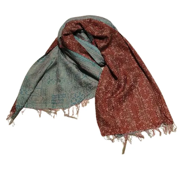 Sciarpa KANTHA con tessuti vintage misto seta ricamo a mano celeste - prugna