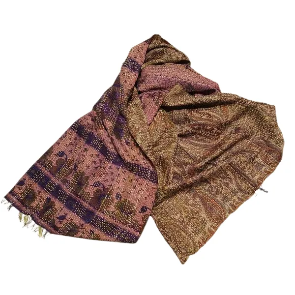 Sciarpa KANTHA con tessuti vintage misto seta ricamo a mano verde - rosa antico