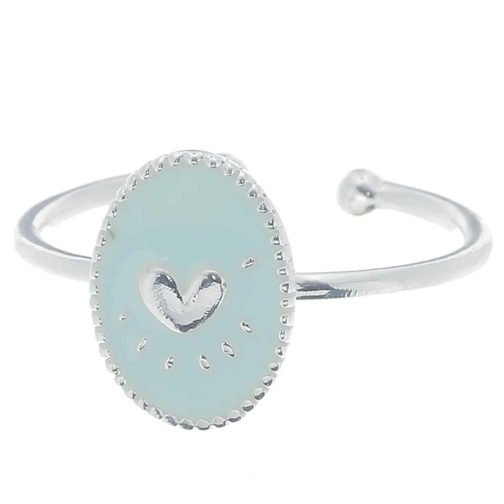 Anello ovale regolabile con resina-cuore-Placcatura argento fino-blu cielo