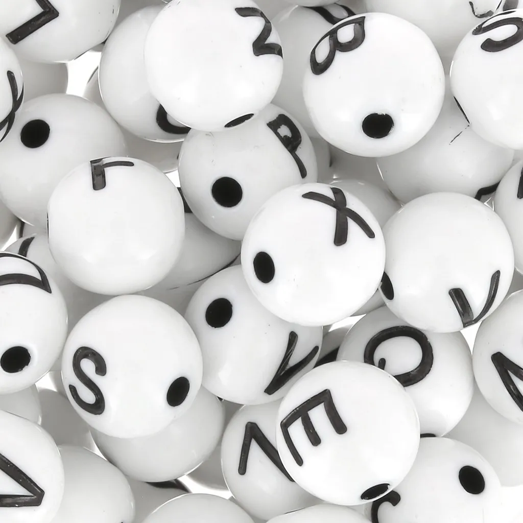 Assortimento di 200 lettere dell'alfabeto rotonde perline 8 mm - Bianco - Nero