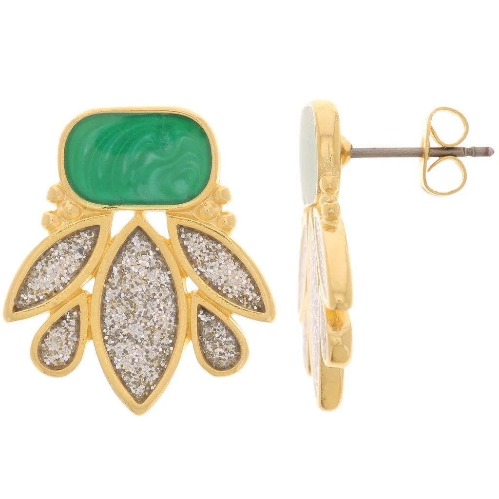 Orecchini design 22x20 mm -dorato oro fino - Glitter argentati - Perla verde x2