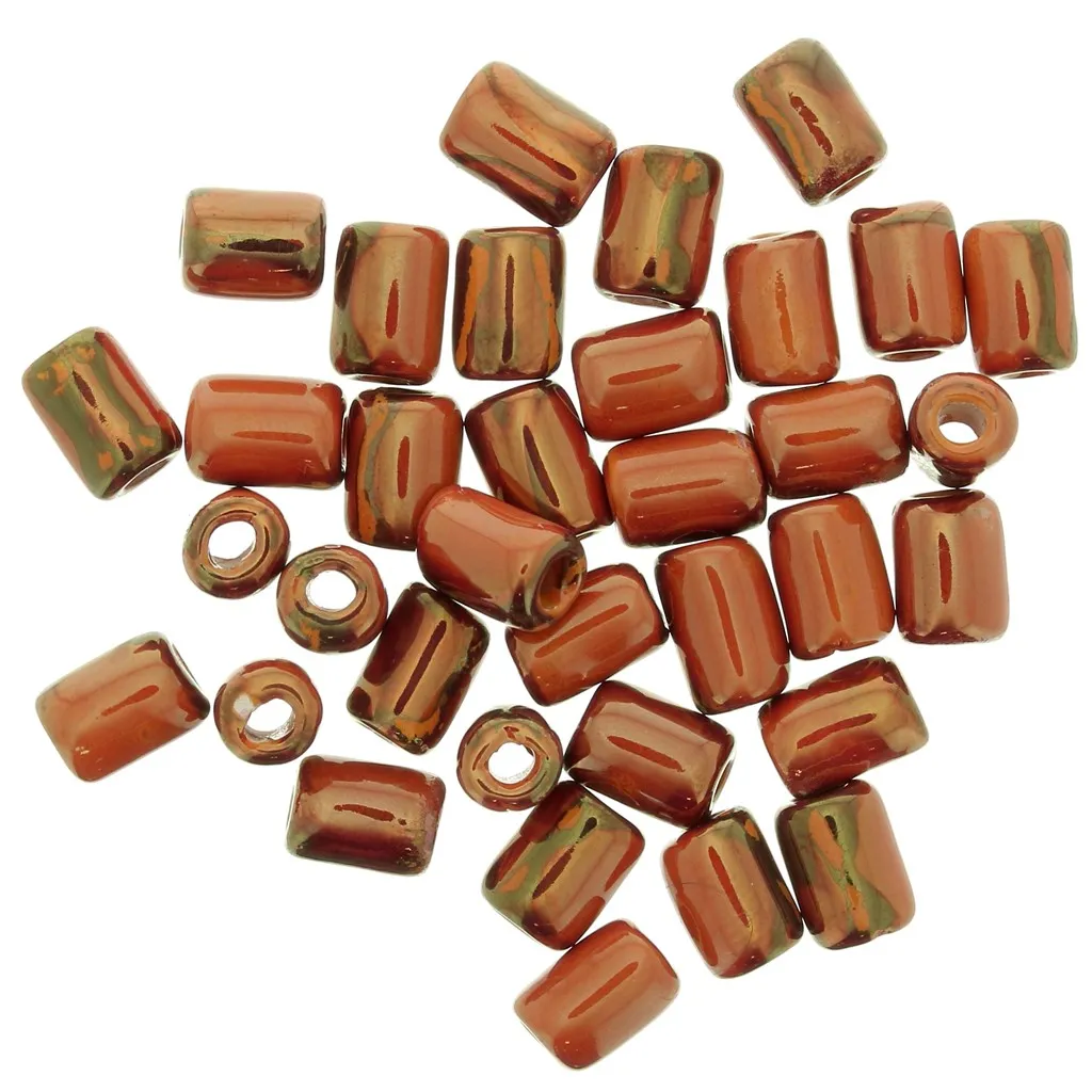 Perline a tubo in ceramica stile Heishi 7x5mm - Arancione marmorizzato iridescente x5