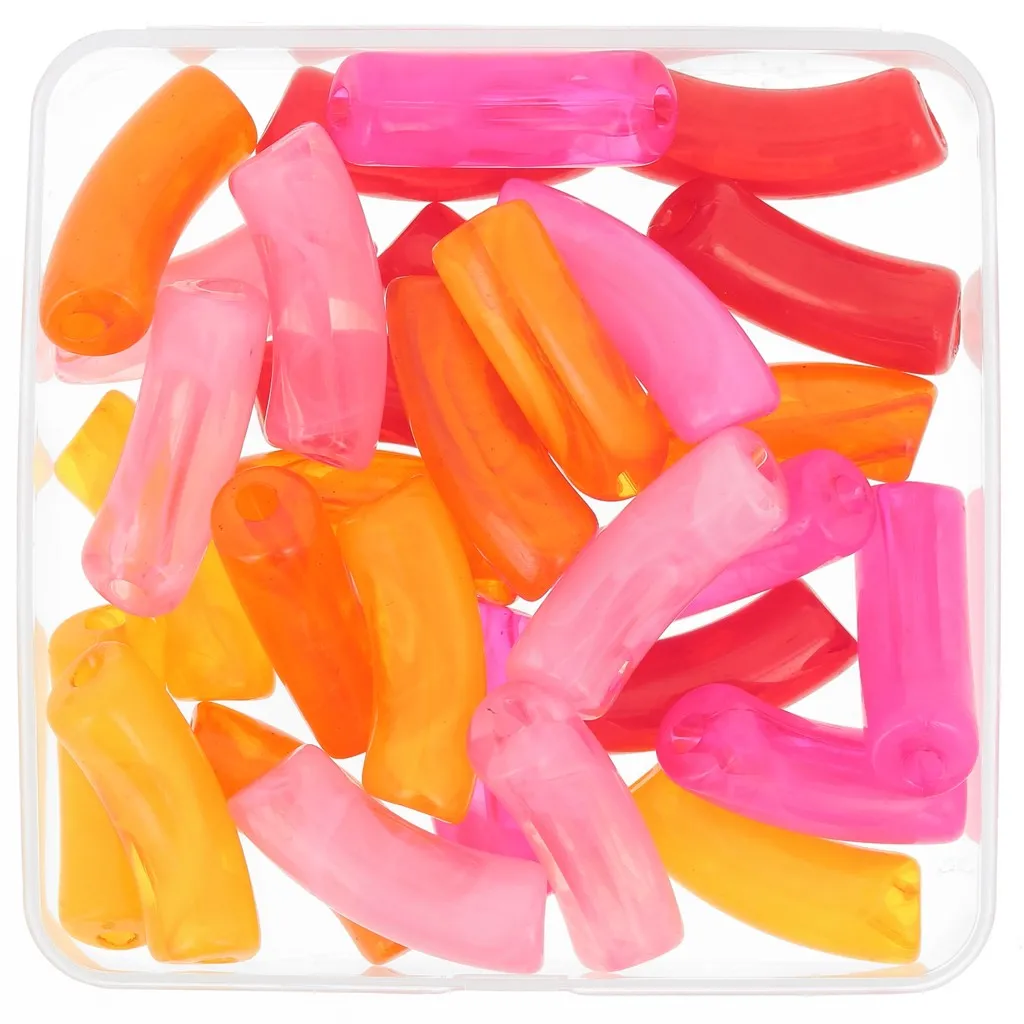 Set di 30 perline tubolari curve in acrilico trasparente 35x11 mm Rosa Marmorizzato