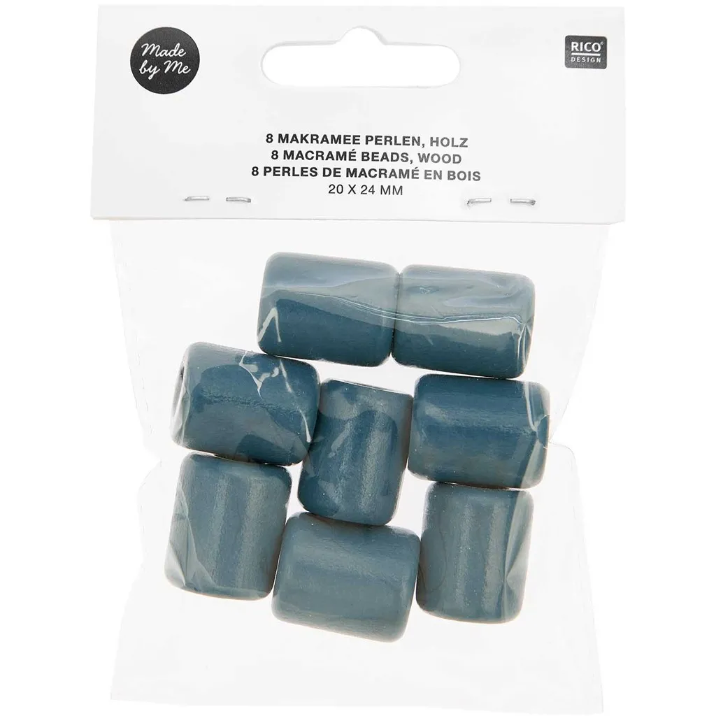 Set di 8 perline tubolari in legno a foro largo 24x20 mm per macramè - Blu petrolio