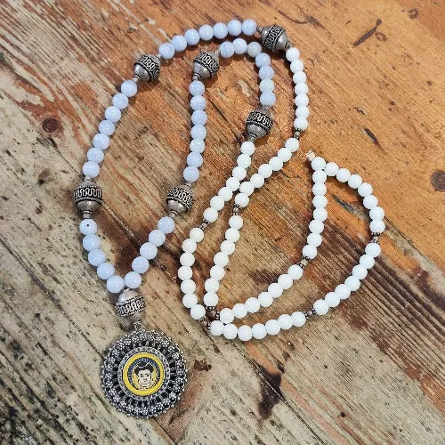 JAPA MALA with CHALCEDONY, white agate and BUDDHA
