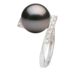 Anello in oro 18k e diamanti con perla coltivata di Tahiti 9-10 mm AAA