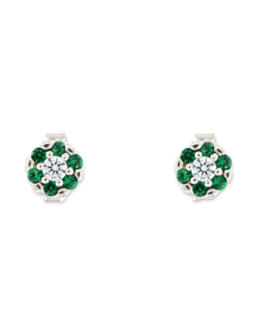 Orecchini Oro Bianco Fiore ZIrconi Verdi Bianchi