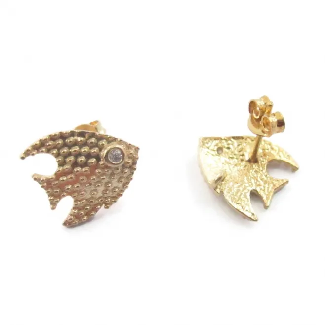Orecchini perno pesce con zircone argento 925 placcato oro giallo 14,5x13 mm 1 coppia