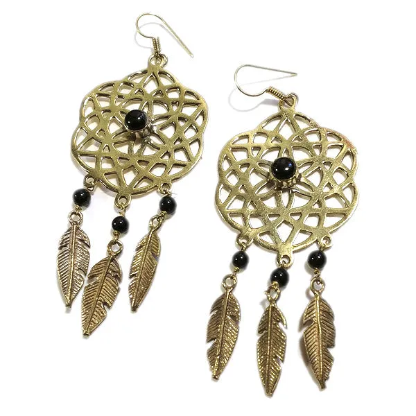 ORECCHINI ETNICI Ottone lucido ORECCHINI Onice nero | Fiore della Vita