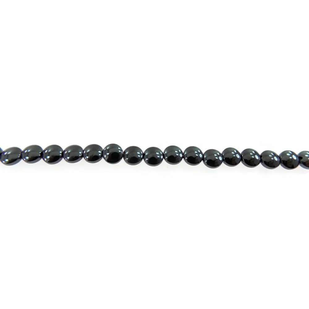 un filo di ematite forma tonda piatta piccola 6 mm.